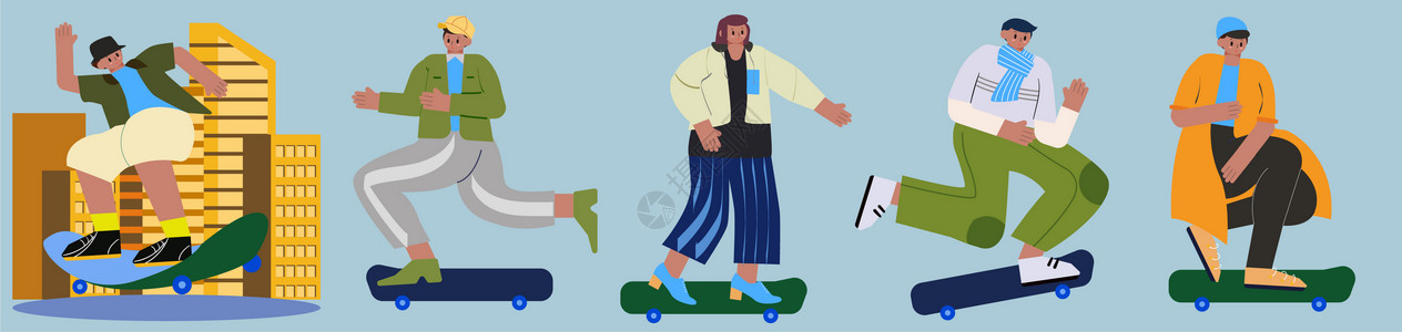 滑板男女人物插画组件背景图片