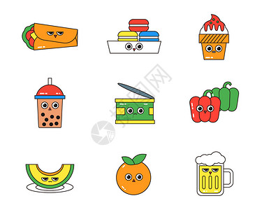 红蓝设计黄红蓝绿橙食物拟人SVG元素图标套图插画