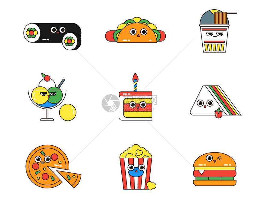 黄绿红橙白食物拟人SVG元素图标套图图片