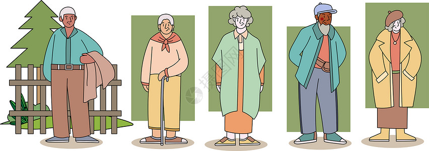 老人衣服素材老人户外旅行扁平矢量插画男性女性人物插画