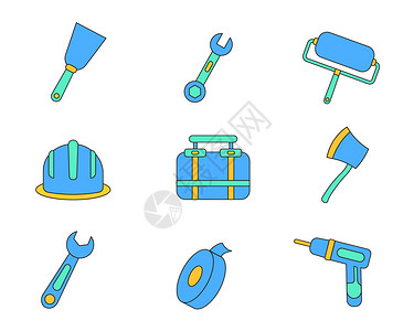 电钻工具箱蓝绿色系修理工具矢量套图插画