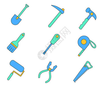 铁锹素材蓝绿色系修理工具矢量套图插画