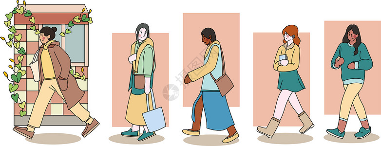 走路侧面女性侧面户外旅行办公购物扁平矢量插画人物插画