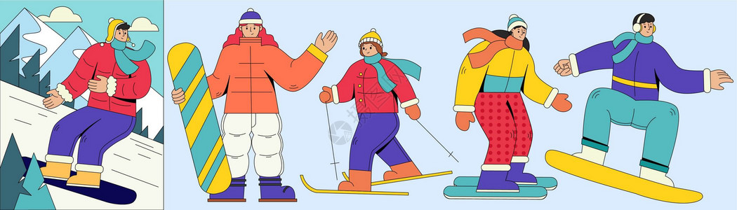蓝色冬季滑雪极限运动扁平插画SVG插画组件之滑雪扁平人物动态插画