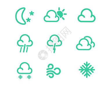 夜间晴朗绿色线性天气图标svg图标元素套图2插画