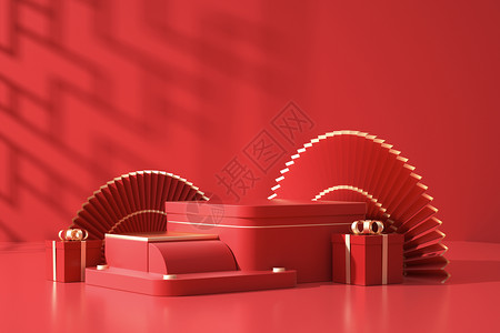 红色立体盒子红色国潮电商展台设计图片