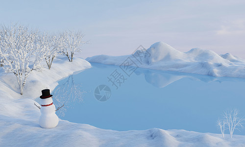 3D仿真3D渲染冬季雪人湖面场景设计图片