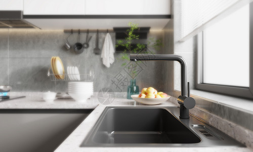 金属厚盘子3D简约厨房水龙头场景设计图片