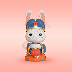 古风汉服中国风小女孩提灯笼c4d兔年春节拟人兔子形象模型之拿灯笼的古风兔子插画