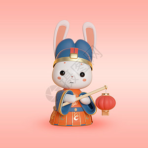 免扣古风素材c4d兔年春节拟人兔子形象模型之提灯笼的古风兔子插画