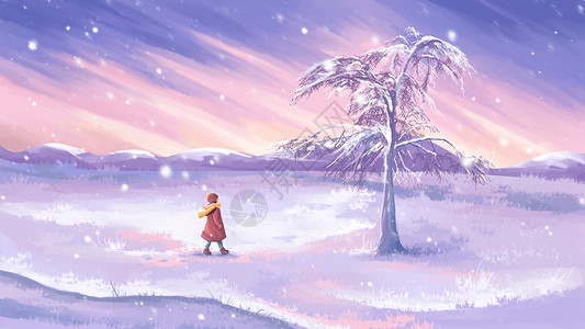 冷天暖冬雪中散步插画