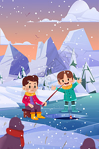 二十四节气大雪节气下雪天孩子冰面垂钓插画图片