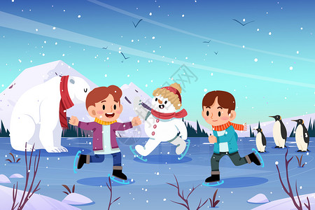 二十四节气大雪节气孩子与雪人动物冰面溜冰插画背景图片