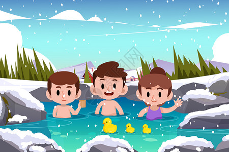 二十四节气小雪节气雪天孩子们室外泡温泉沐浴高清图片