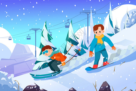 户外项目二十四节气小雪节气游客登山滑雪体验冰雪项目插画