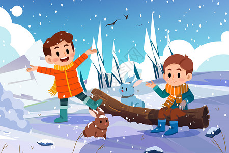 二十四节气小雪节气孩子户外与兔子玩雪插画背景图片