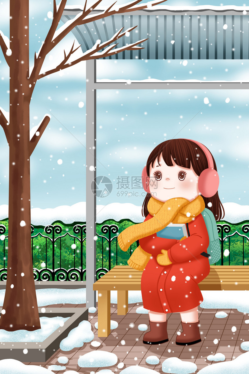 雪中坐在长椅上的小女孩图片
