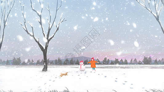 冬季玩雪女孩我和雪人在冬天一起玩游戏插画