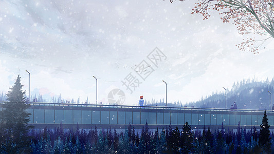 人型天桥冬天在桥上看雪插画