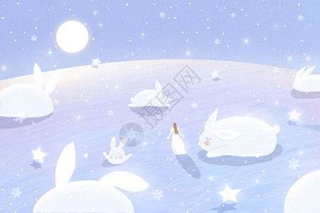 冬天下雪女孩小兔子雪花插画图片