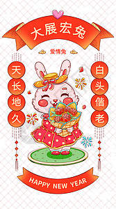 微信卡卷素材国潮新年春节兔年卡通爱情兔插画插画