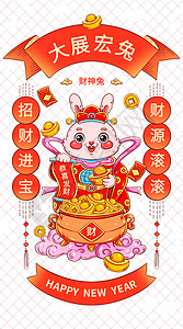 国潮新年春节卡通财神兔插画背景图片