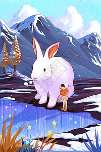 大降温冬季大雪小雪节气小女孩与大兔子插画
