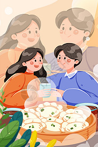 立冬情侣一起吃饺子温馨扁平风竖版插画图片
