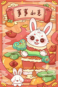 兔年兔子可爱壁纸2023兔年事事如意新年插画插画