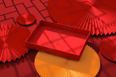 红色窗户中式光影电商展示场景设计图片