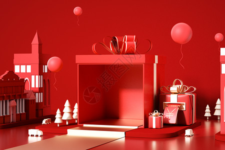 红色年货盛典创意红色礼盒促销场景设计图片