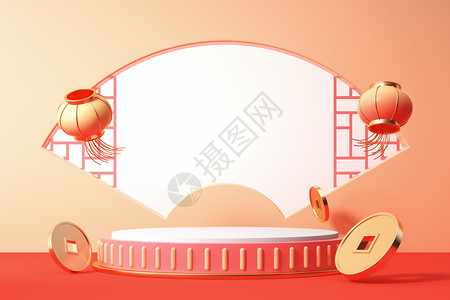 春节立体背景新年国潮展台设计图片
