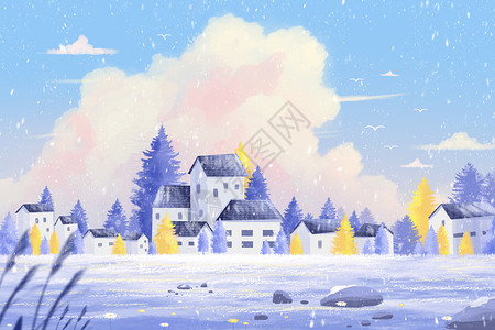 紫色房子唯美治愈冬天下雪了大雪冬季雪景插画插画