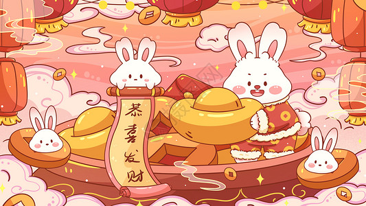 表白兔子图片红色喜庆财运亨通卡通新年插画插画