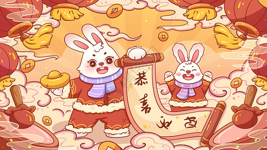 红色喜庆2023癸卯兔卡通新年插画高清图片