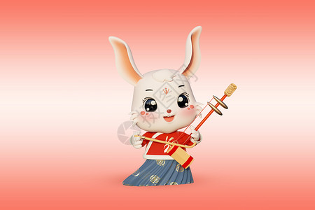 拉二胡素材c4d中国风拉二胡的兔子拟人模型插画