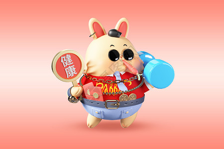 新年愿望贴纸c4d中国风可爱健康拟人兔子新年愿望模型插画