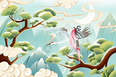 冬季晴天古风女子乘鹤翱翔山间节气氛围插画海报背景图片