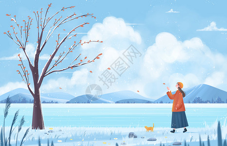 冬季旅游立体字冬天风景女孩和猫湖边散步天空云风景背景插画