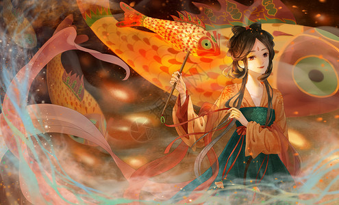 鳌鱼舞兔年2023春节新年插画拿着鱼灯的古代女子插画