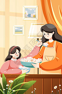 一家人吃饺子立冬节日节气一家人母女吃饺子扁平风竖版插画插画