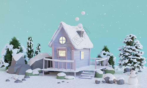 可爱雪人3D冬季森林木屋场景设计图片