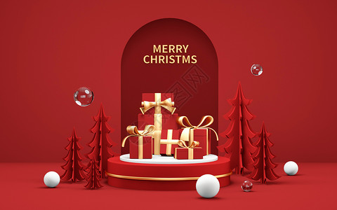 方形红色圣诞节红色简约展台设计图片