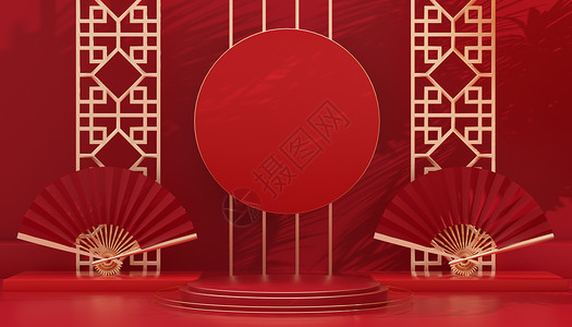 C4D红色中式国潮展台背景图片