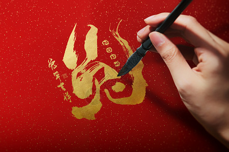 兔年新年画红色创意兔年文字书法设计图片