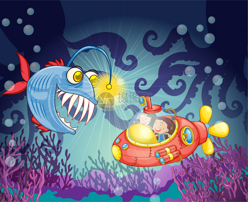 水中怪物鱼和潜艇的插图图片