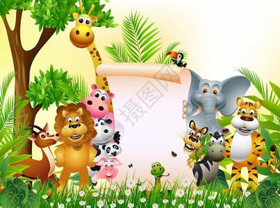 里瑟弗纳集团在空白符号与丛林中的动物卡通插画