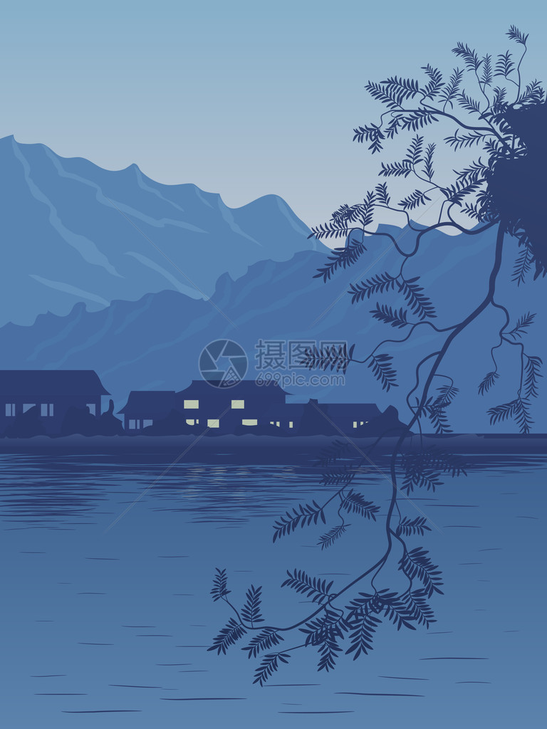 以暗蓝色的语调用亚洲人的动机来说明夜晚湖岸上的图片