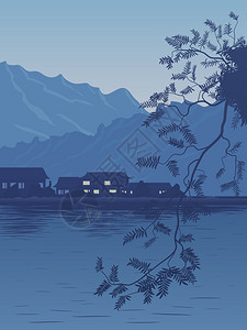 以暗蓝色的语调用亚洲人的动机来说明夜晚湖岸上的背景图片
