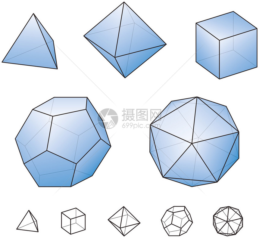 柏拉图立体欧几里得几何中的规则凸多面体四面体六面体八面体十二面体和二十面体使用透明胶片和渐变在白色图片
